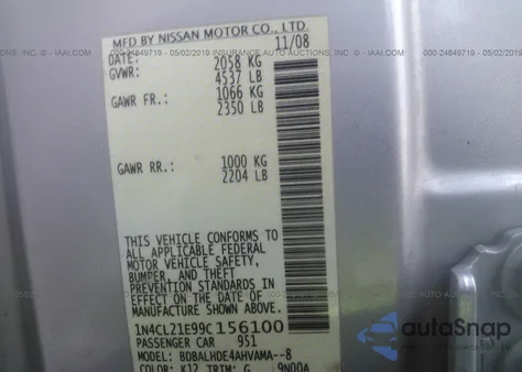 2009 Nissan Altima Hybrid z USA, uszkodzony, nr VIN 1N4CL21E99C156100